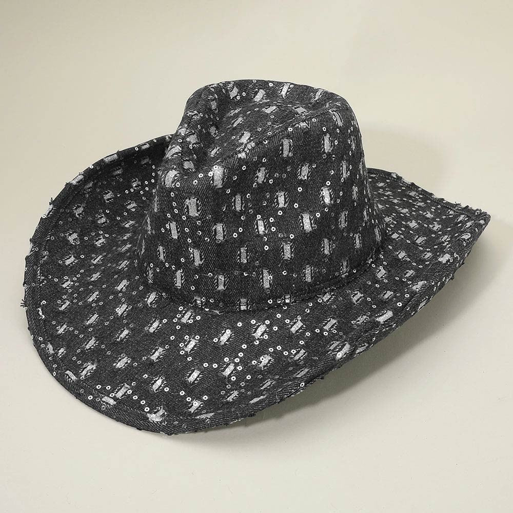 Sequin Distressed Denim Cowboy Hat - 100% Cotton Black Sparkle Western Fedora