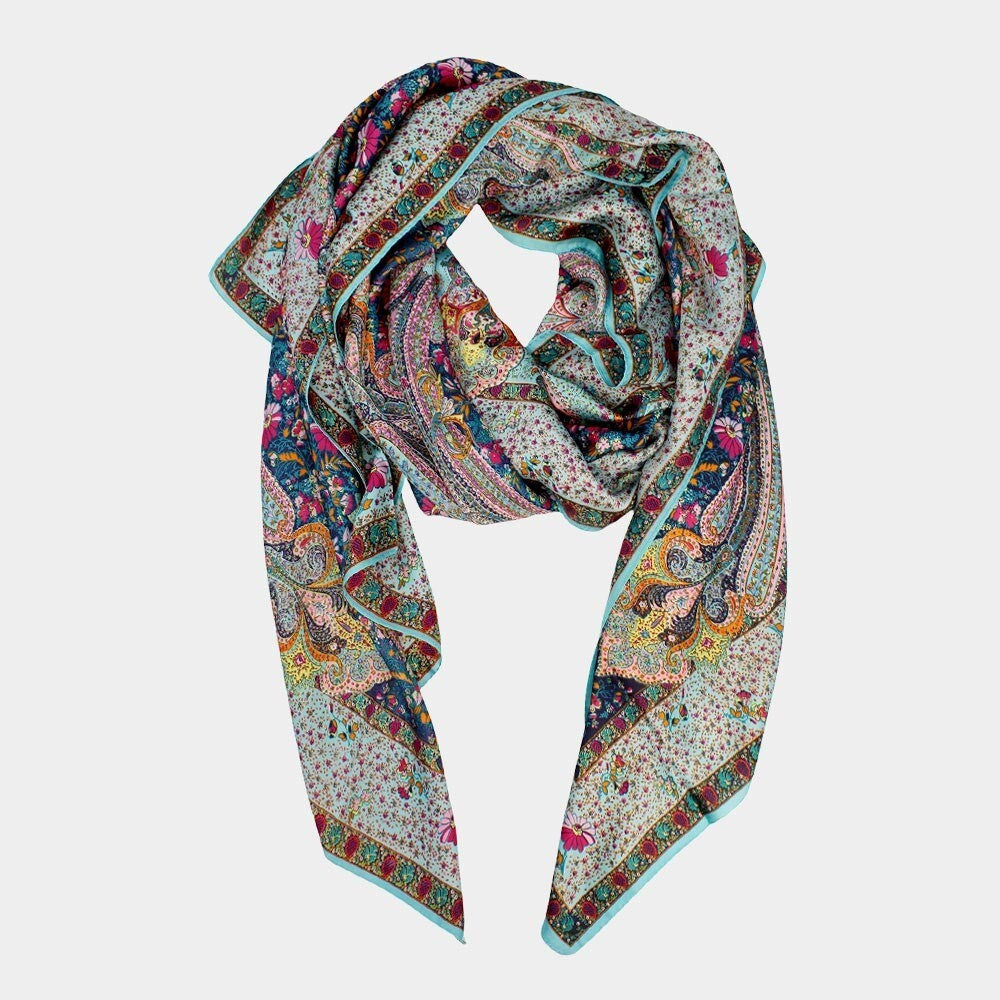 Floral Satin Scarf for Women Silky Oblong Lightweight Printed Shawl Wrap Ladies