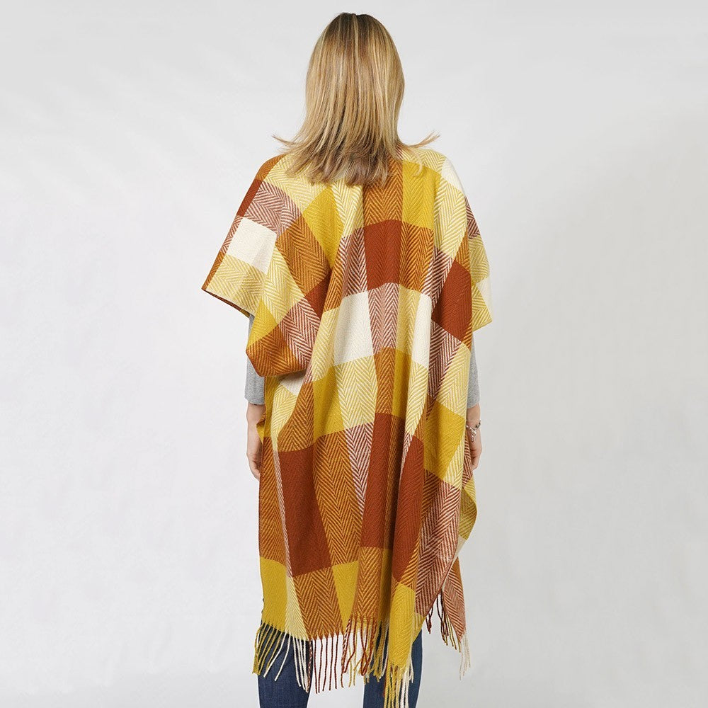 Women’s Mustard & Rust Plaid Check Open Front Fringe Vest One Size Fall Vests