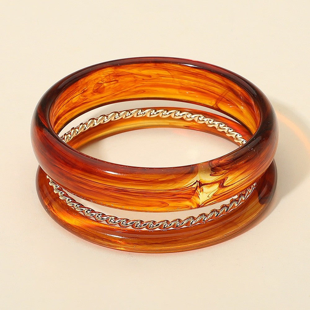 3pc Tortoise Shell & Gold Twisted Metal Bangle Bracelet Set Resin Stackable