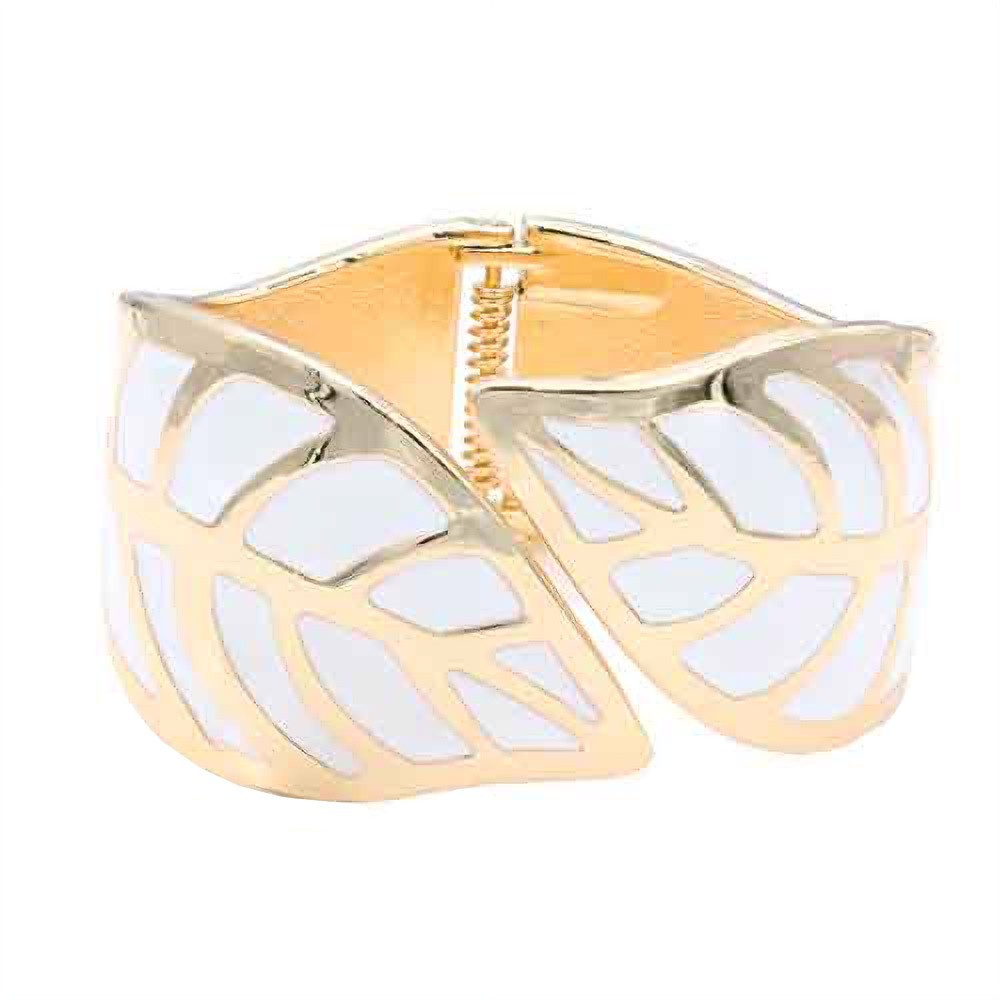 Gold Leaf Bracelet White Enamel Cutout Design Hinged Closure Botanical Statement