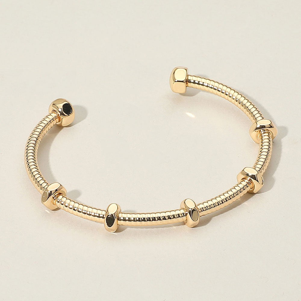 2PCs Women's Geometric Metal Cuff Screw Bolt Design Textured Bracelet Gold Tone