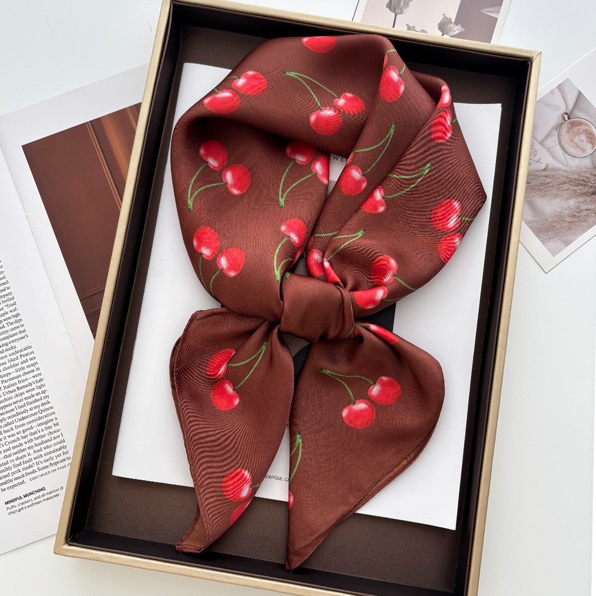 2pcs Women Cherry Print Square Scarf Silk Feel Hair Neck Head Wrap 27.5in
