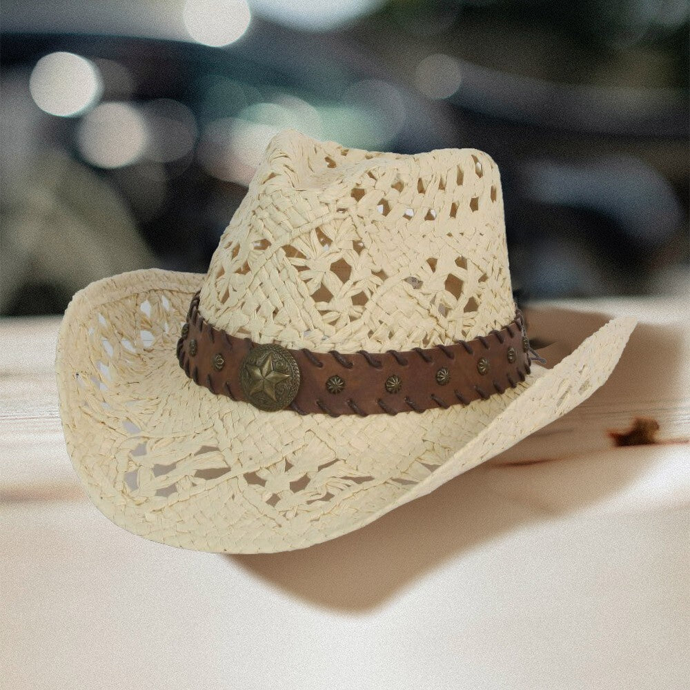Women’s Open Weave Panama Straw Cowboy Hat with Star Faux Leather Band