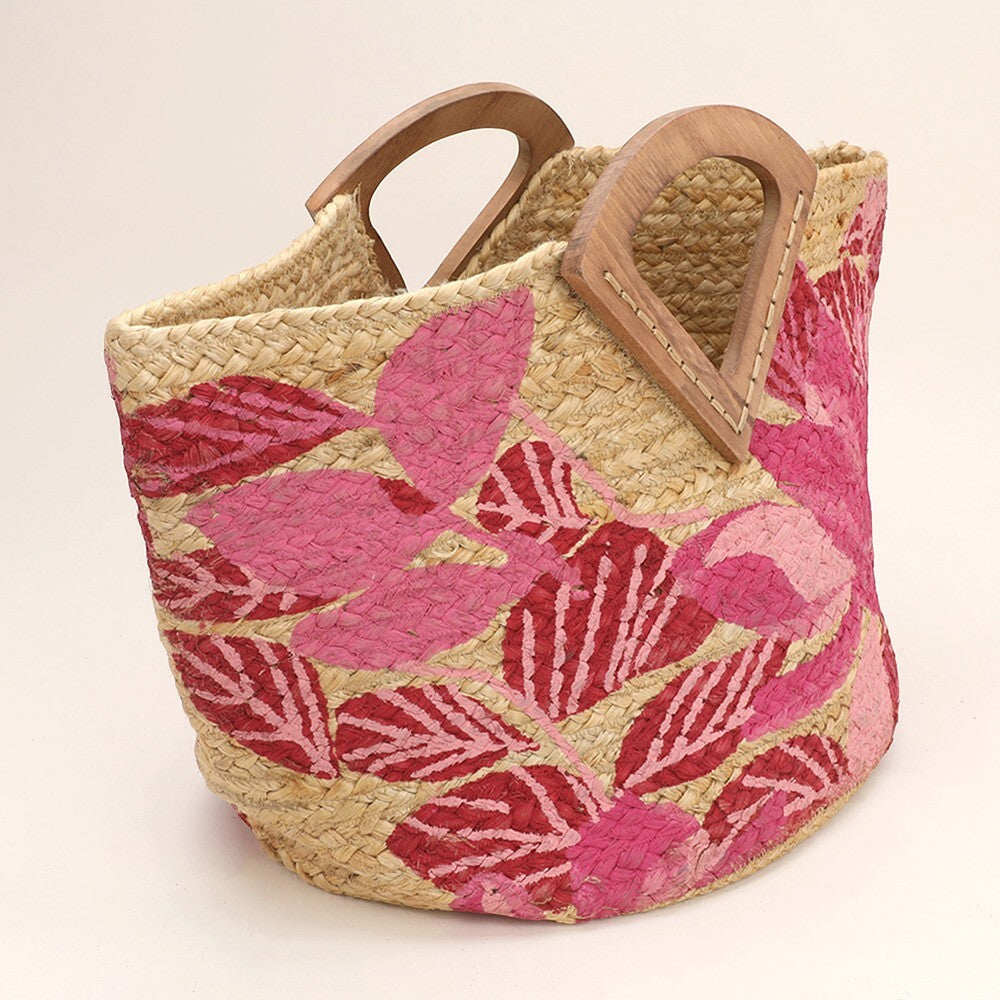 Floral Leaf Print Jute Tote Bag with Wooden Handles for Everyday Use