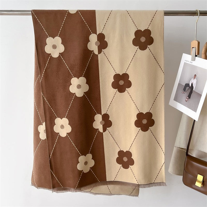 Cashmere Feel Scarf Brown & Beige Floral Daisy Print Oversized Winter Wrap Shawl