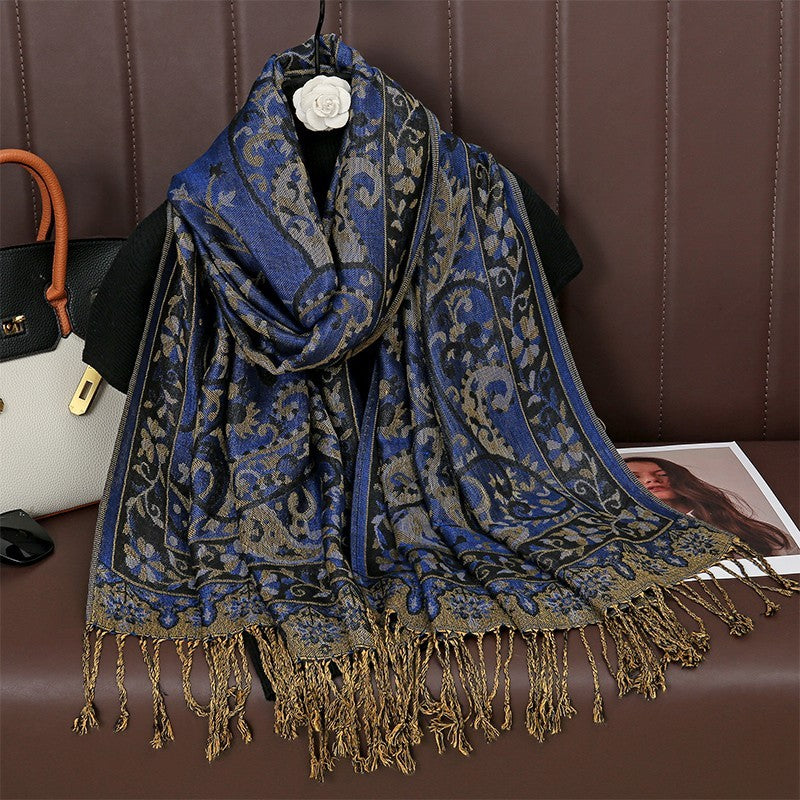 Navy Gold Paisley Pashmina Scarf for Women Soft Warm Elegant Fringe Wrap