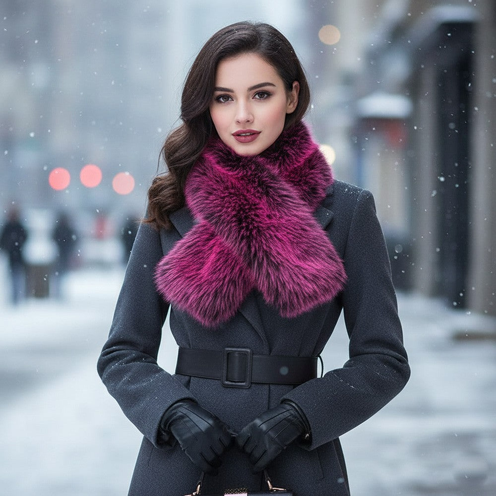 Luxury Pink Black Faux Fur Scarf Collar Stole Winter Wrap Women's Fashion Chic
