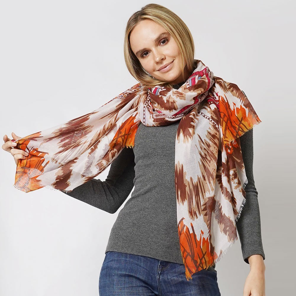 Ethnic Print Scarf for Women Soft Large Shawl Wrap Brown Beige Boho Chic Style