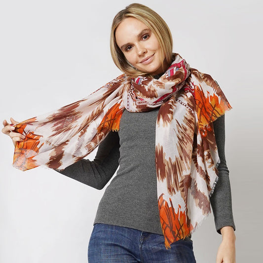 Ethnic Print Scarf for Women Soft Large Shawl Wrap Brown Beige Boho Chic Style