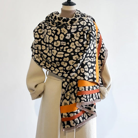 Chic Leopard Print & Orange Stripe Scarf Large Winter Wrap Shawl for Women