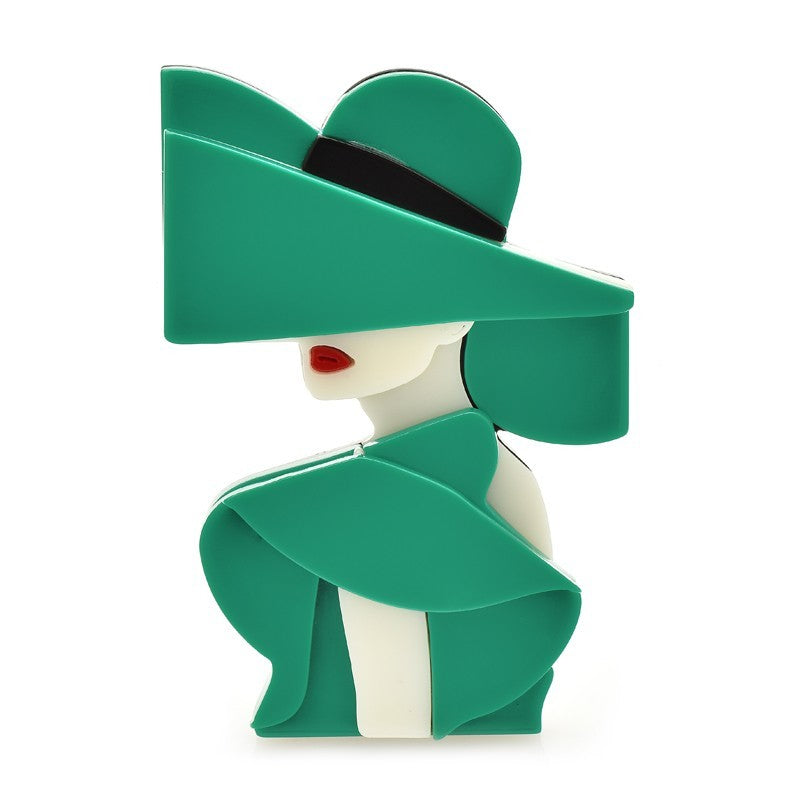 2pcs Orange Green Art Deco Acrylic Brooch Pin Elegant Lady Wide Brim Hat