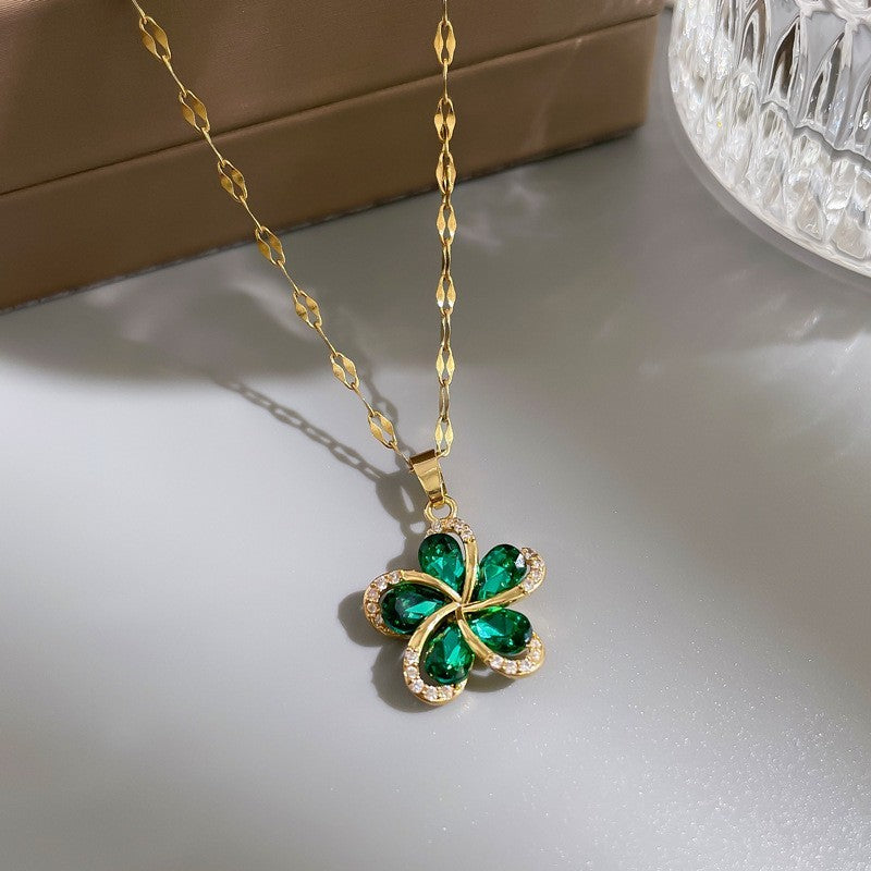 Gold Plated Floral Necklace with Green Crystal Stone and White Rhinestones