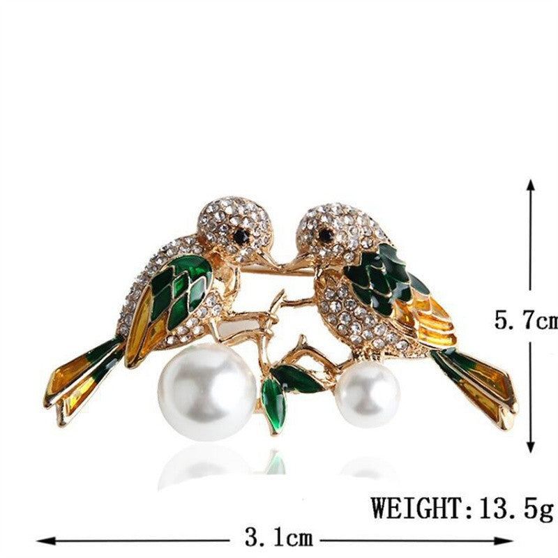 Golden Rhinestone Bird Brooch Pin Women Animal Pearl Brooch