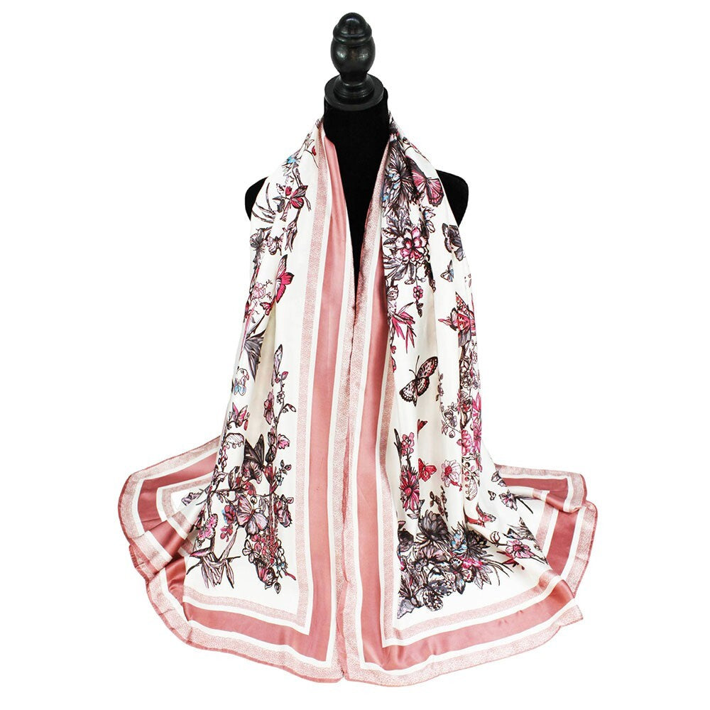 Spring Time Printed Oblong Silky Satin Scarf Shawl Lightweight Soft Wrap Women