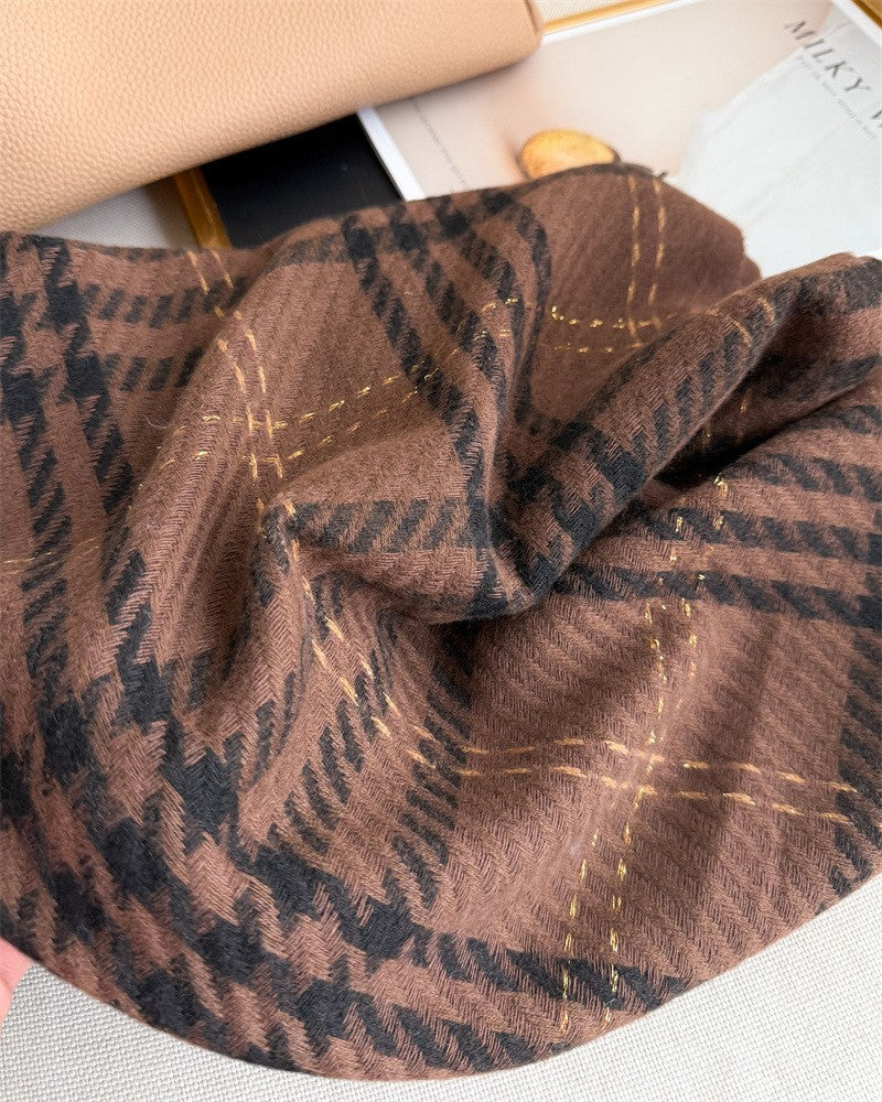 Brown Black Houndstooth Plaid Scarf Shawl Wrap Metallic Fringe Winter Warm
