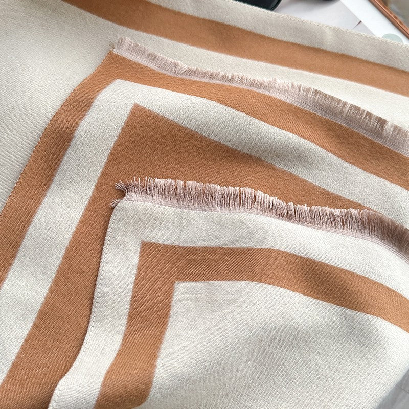 Black & Brown Striped Shawl Women’s Winter Warm Scarf Wrap with Fringed Edges