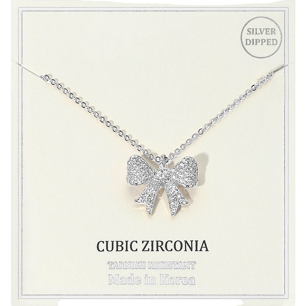 Women's Silver Dipped Cubic Zirconia Sparkling Pave Bow Pendant Necklace