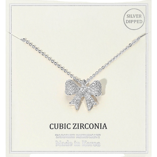 Women's Silver Dipped Cubic Zirconia Sparkling Pave Bow Pendant Necklace