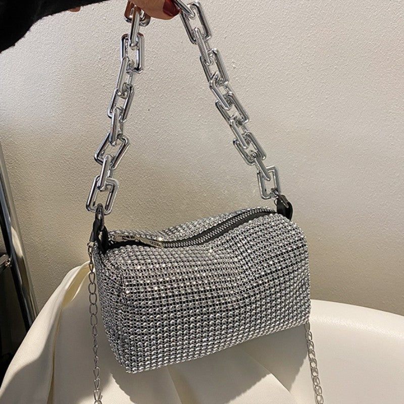 Silver Tone Rhinestone Evening Bag Crystal Clutch Thick Chain Shoulder Handbag