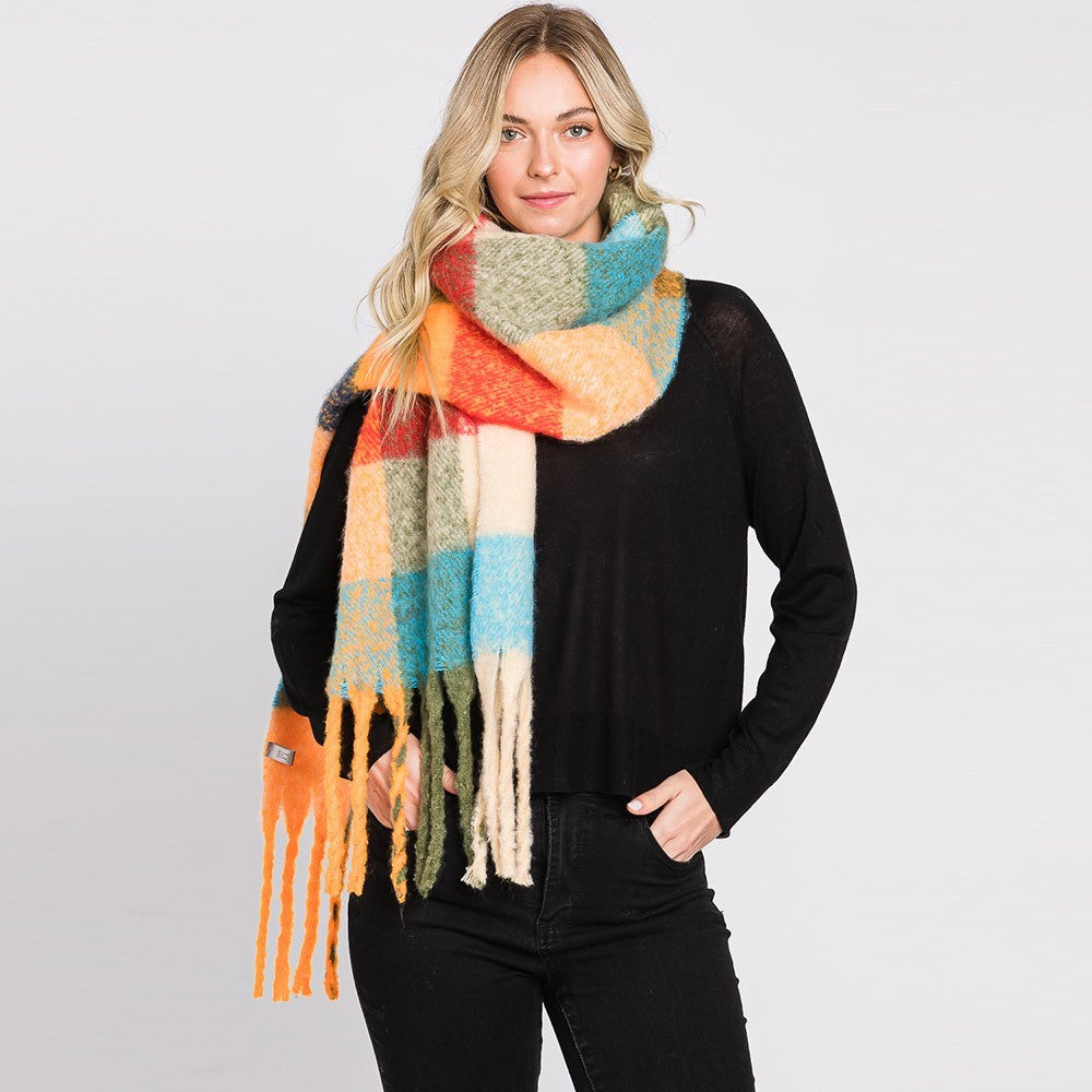 Multi Colored Plaid Check Pattern Fringe Oblong Scarf for Women Winter Wrap