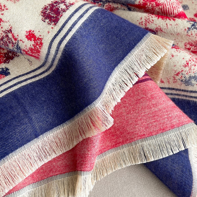 Women’s Soft Wrap Scarf Shawl – Red Blue Floral Print, Warm Winter Pashmina