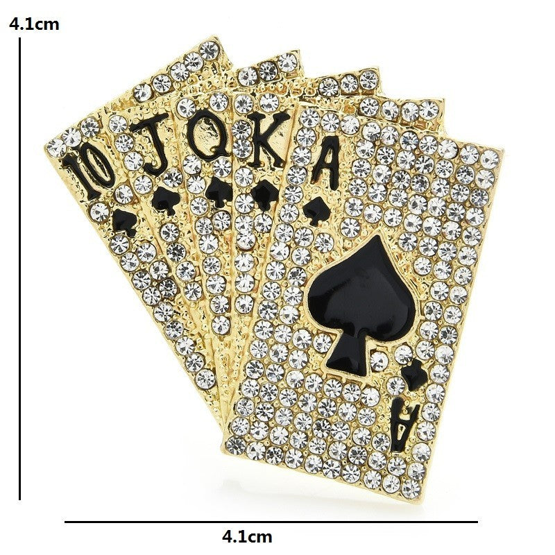 Gold Tone Royal Flush Playing Card Brooch Rhinestone Pin Poker Jewelry Gift