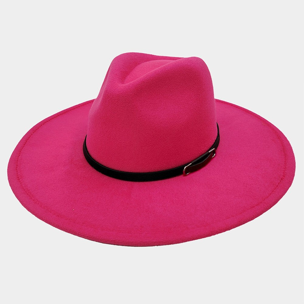 Faux Leather Band Solid Panama Hat for Women Wide Brim Sun Hat Fashion Accessory