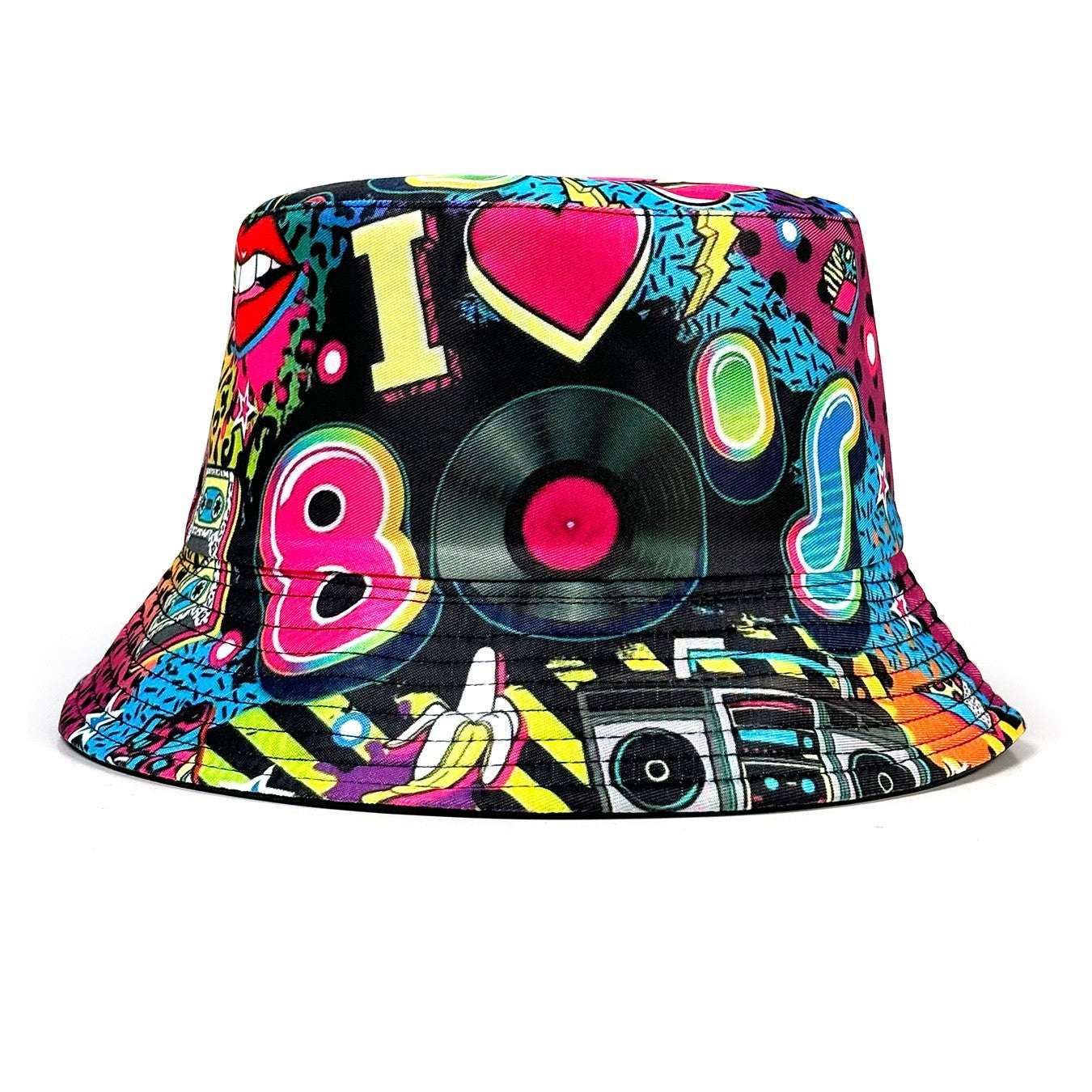 Retro 80s Reversible Bucket Hat Neon Pop Art Festival Sun Cap Black I Heart 80s