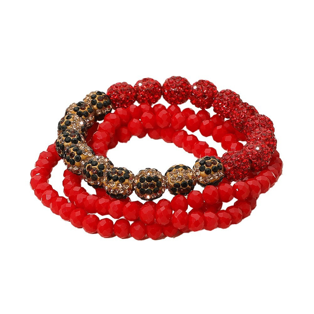 4pc Red Beaded Stretch Bracelet Stack Leopard Print Pave Rhinestone Disco Balls