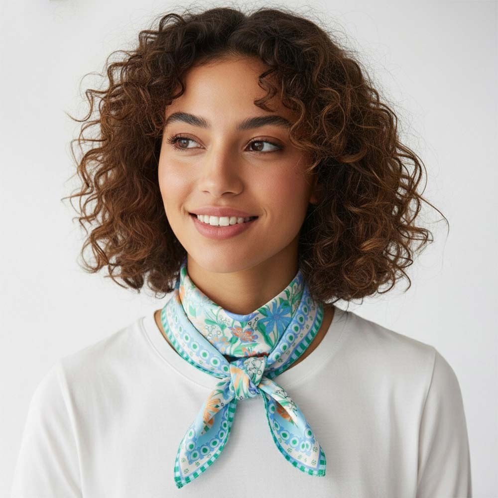 Whimsical Spring Floral Square Satin Scarf in Blue, Green, and Orange