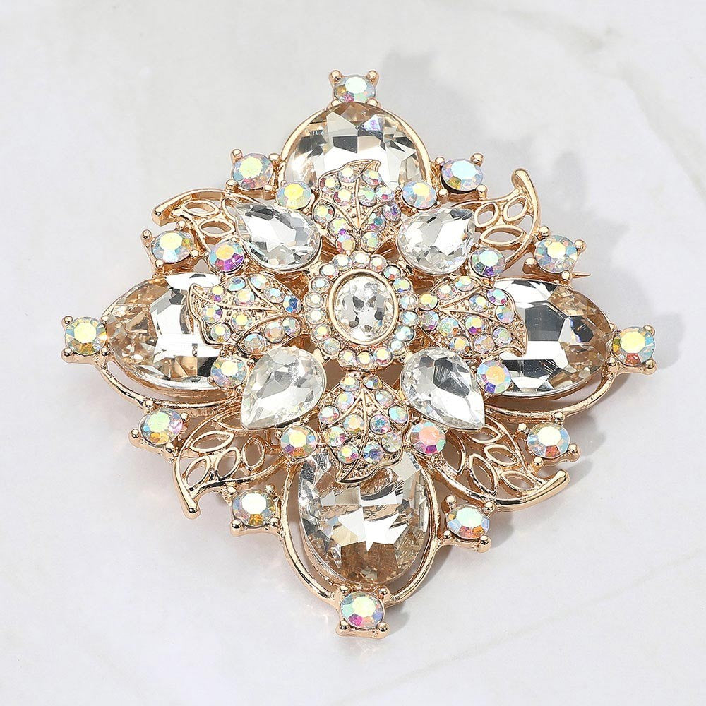2pcs Emerald Green & Clear Crystal Brooch Set Gold Tone Vintage Large Statement