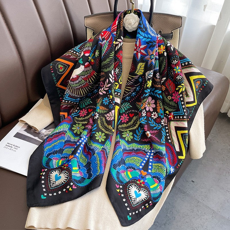Boho Floral & Bird Print Square Scarf for Women – Multicolor Lightweight Fashion