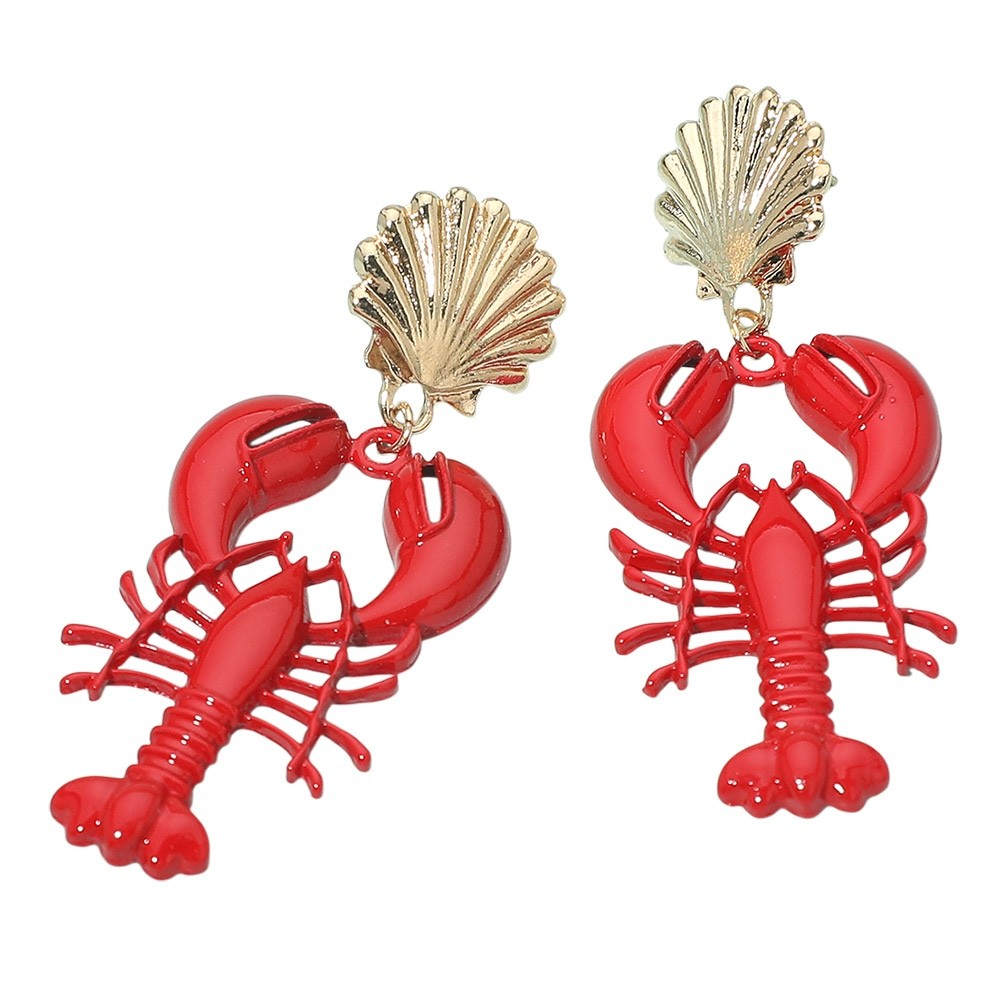 Red Lobster Scallop Shell Dangle Earrings Fun Nautical Sea Life Jewelry Piece