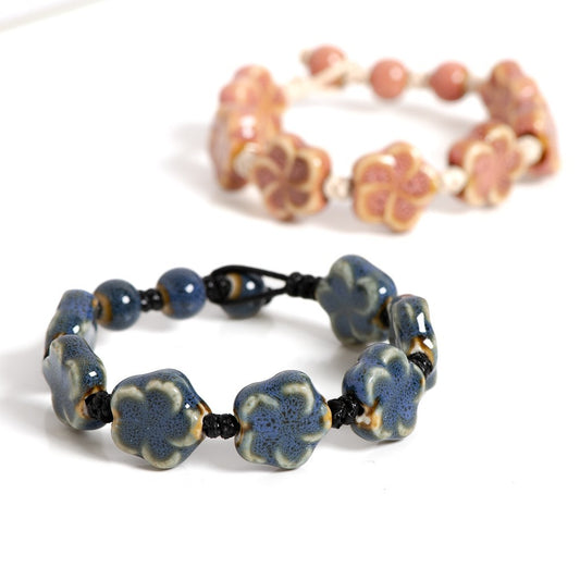2Pc Handmade Ceramic Bracelet Set Glazed Pottery Pink & Blue Flower Bead Jewelry
