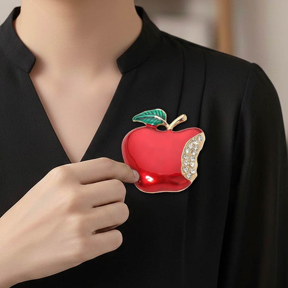 2pcs Red Enamel Bitten Apple Brooch with Rhinestone Accent Gold Tone Fruit Pin