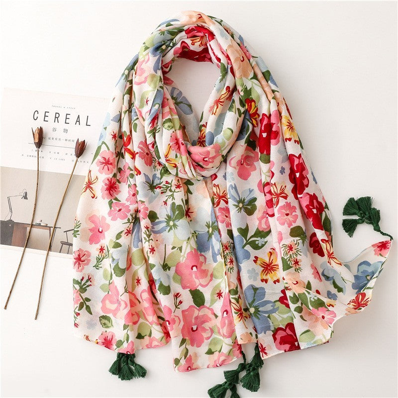 Floral Cotton Viscose Scarf Women Large Soft Shawl Tassel Spring Wrap 71" x 35"