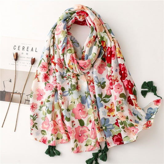 Floral Cotton Viscose Scarf Women Large Soft Shawl Tassel Spring Wrap 71" x 35"