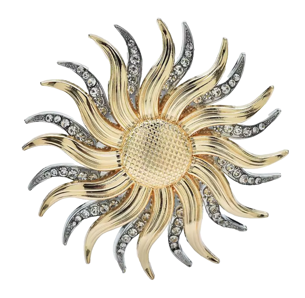 Gold & Silver Two-Tone Sunburst Brooch: Crystal Sunflower Pin for Women