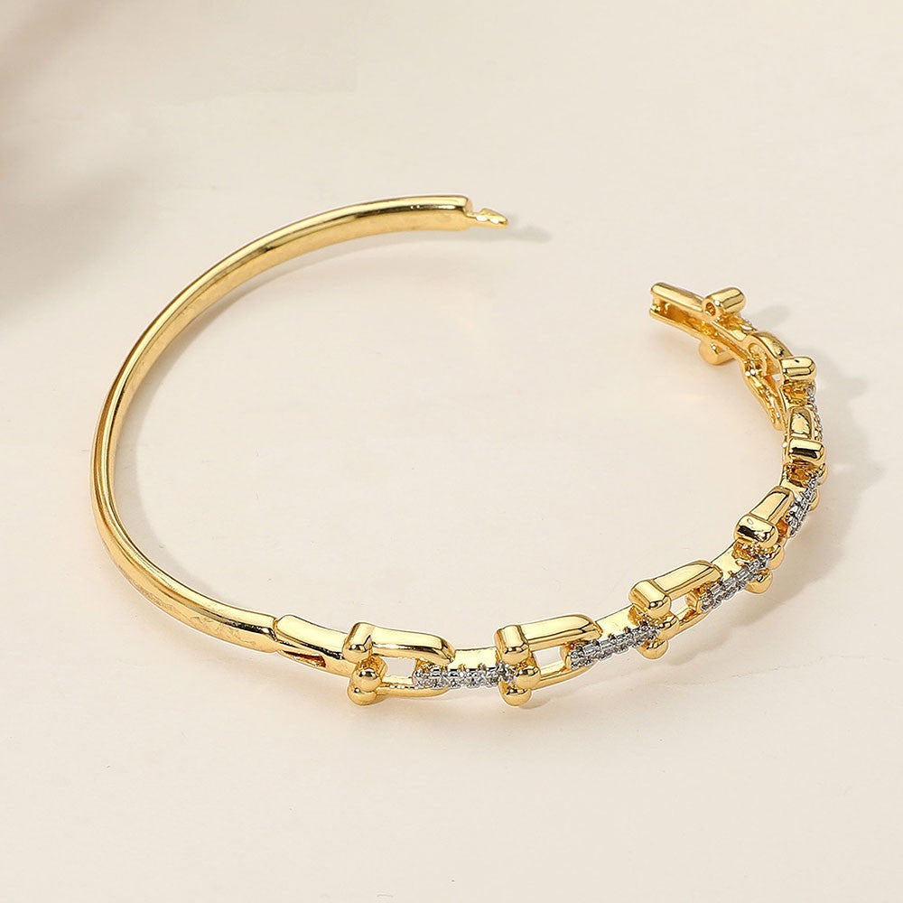 Gold Plated Cubic Zirconia Hinged Bangle Bracelet Stainless Steel Holiday Gift