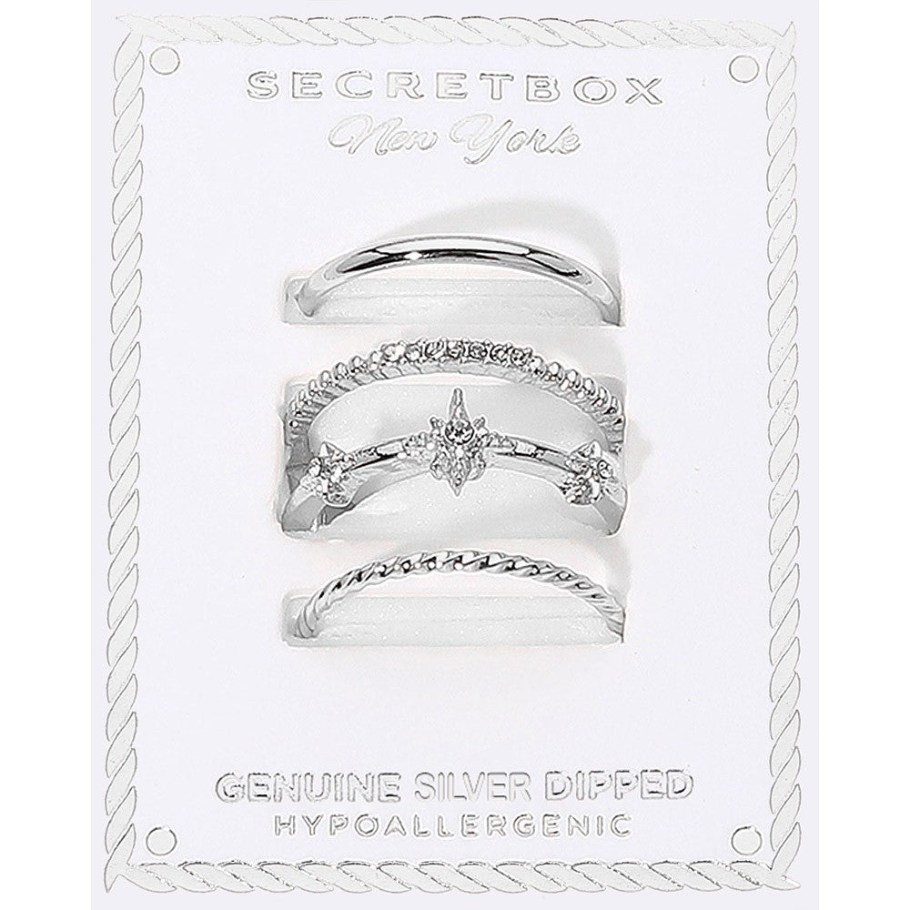 3PC Silver Dipped Hypoallergenic Stackable Ring Set  Band Star Cuff Size 7.5