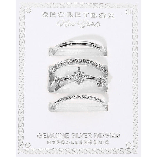 3PC Silver Dipped Hypoallergenic Stackable Ring Set  Band Star Cuff Size 7.5