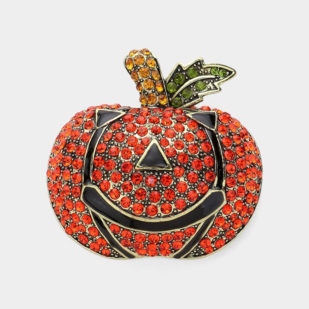 Gold Tone Orange Rhinestone Jack O Lantern Pumpkin Brooch Halloween Jewelry