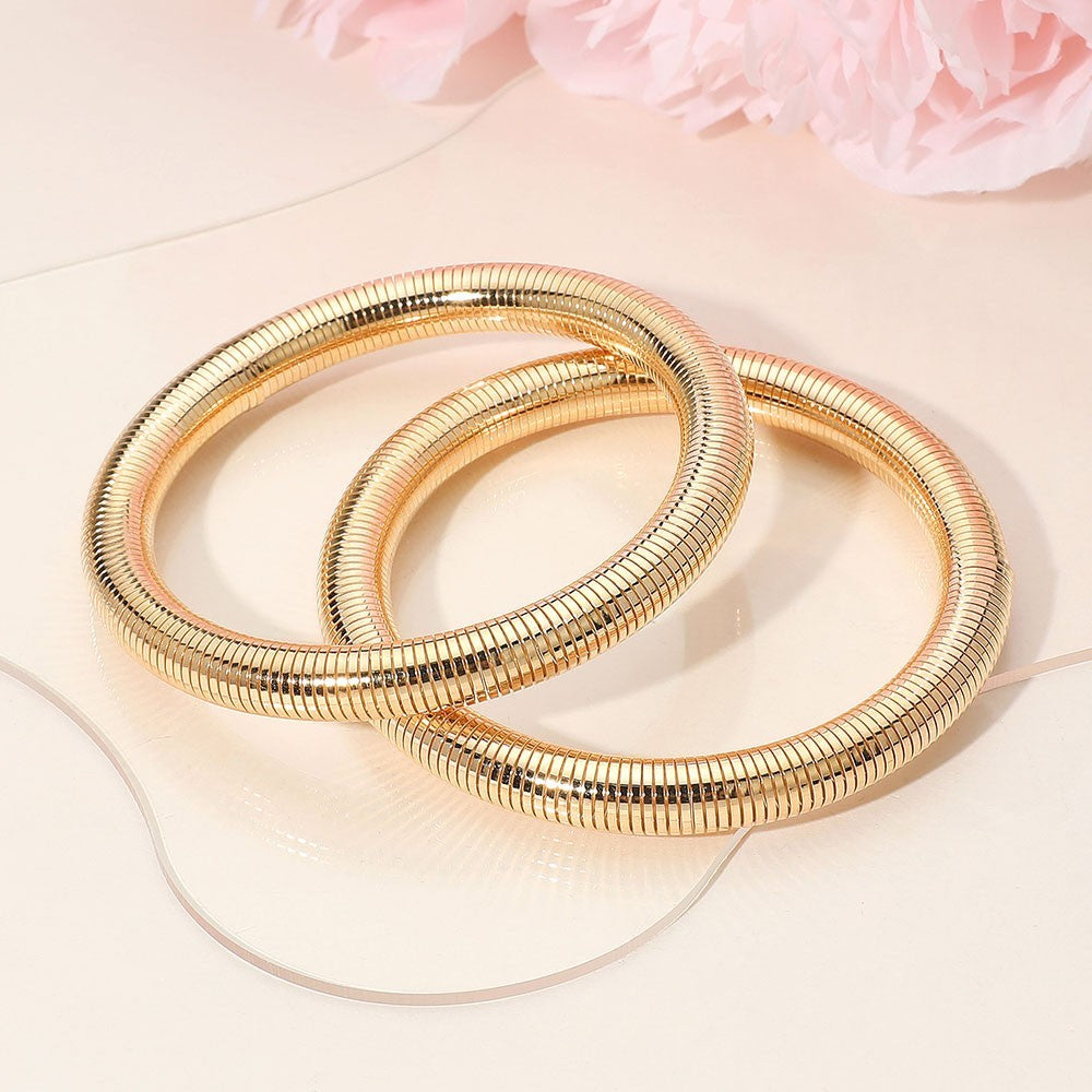 Set of 2 Gold Tone Coil Bangle Bracelets Flexible Spring Snake Chain Jewelry