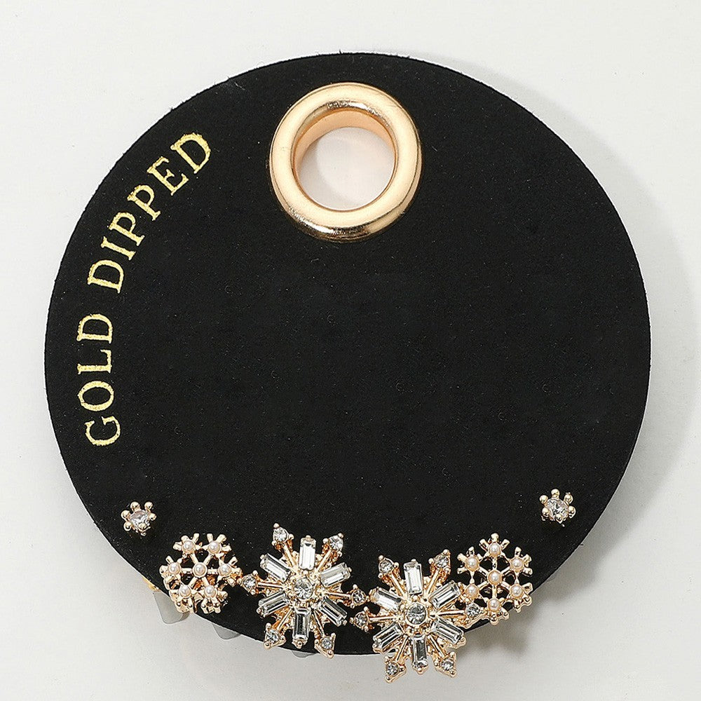 Gold Dipped Snowflake Earrings Crystal Rhinestone Pearl Cluster Holiday Gift