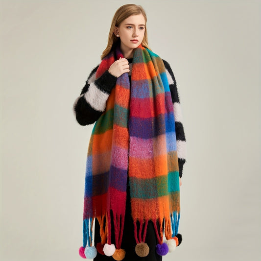 Vibrant Plaid Pom Pom Tassel Scarf Oversized Fuzzy Fluffy Shawl Wrap