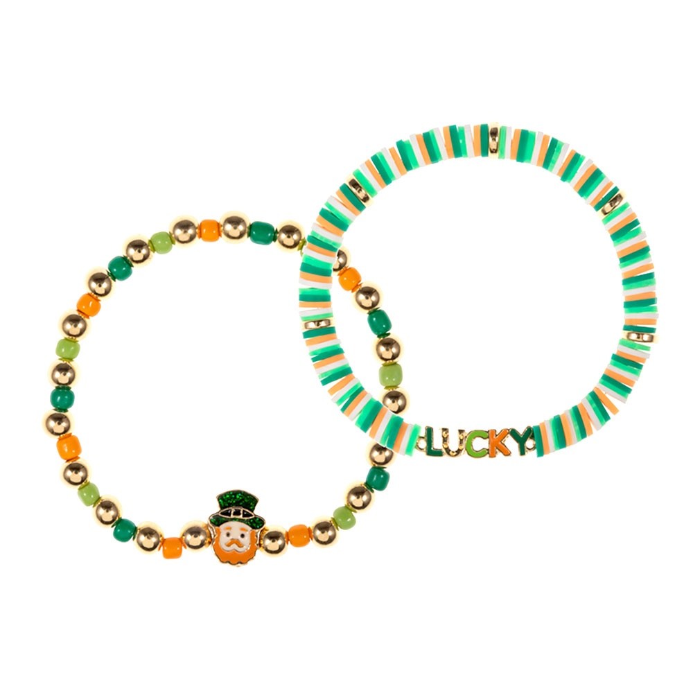 St. Patrick's Day Leprechaun & Lucky Bracelet Set - 2pc Green & Gold Stretch