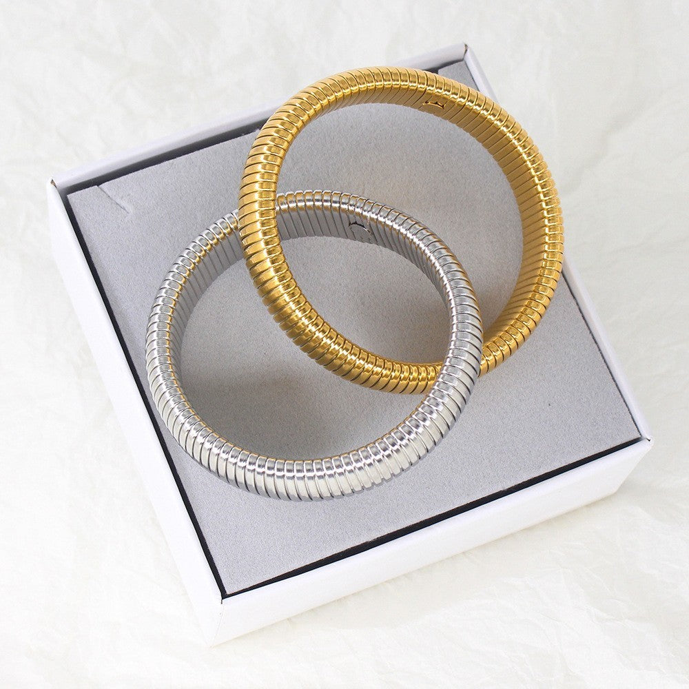 2 PC Tubogas Bracelets Set Gold & Silver Tone Ribbed Flexible Bangle