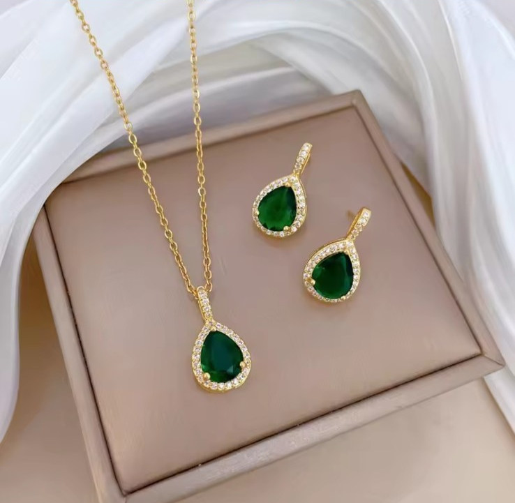 Gold Plated Stainless Steel Green Teardrop Zircon Necklace Earring Set for Women