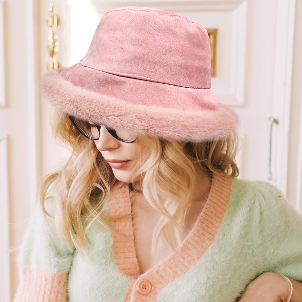 Solid Faux Suede Plush Bucket Hat Warm Winter Fashion Cap with Faux Fur Trim